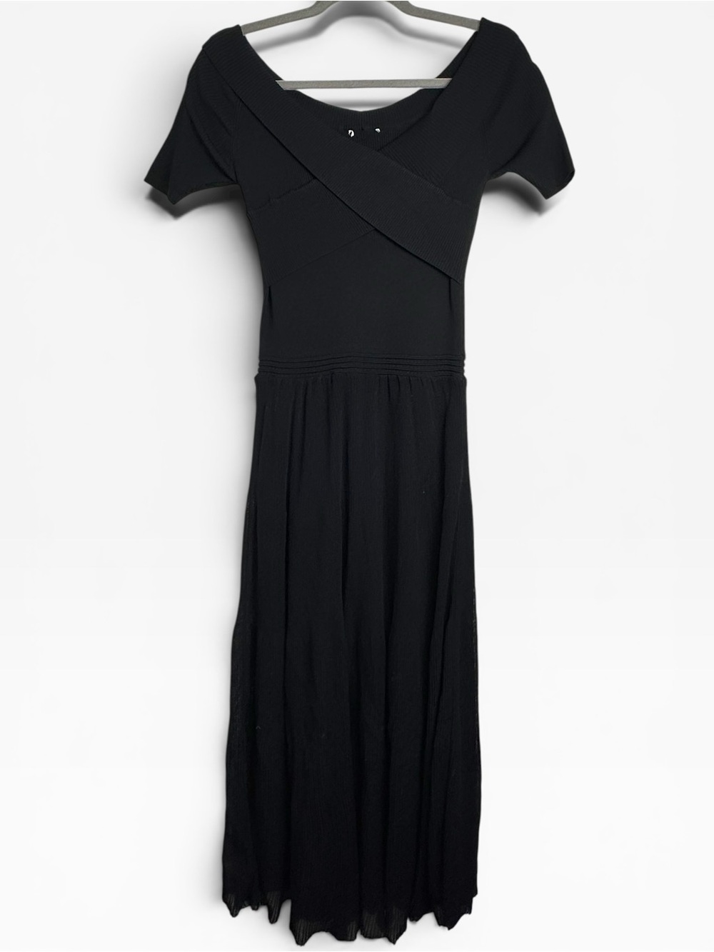 Sandro Sallie Drape Knit Off-The-Shoulder Pleated stretch Maxi Dress Black M 38 - Picture 4 of 11